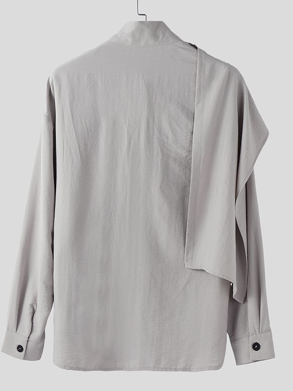 Men's Ribbon Scarf Stand Collar Long Sleeve Shirt SKUL36332