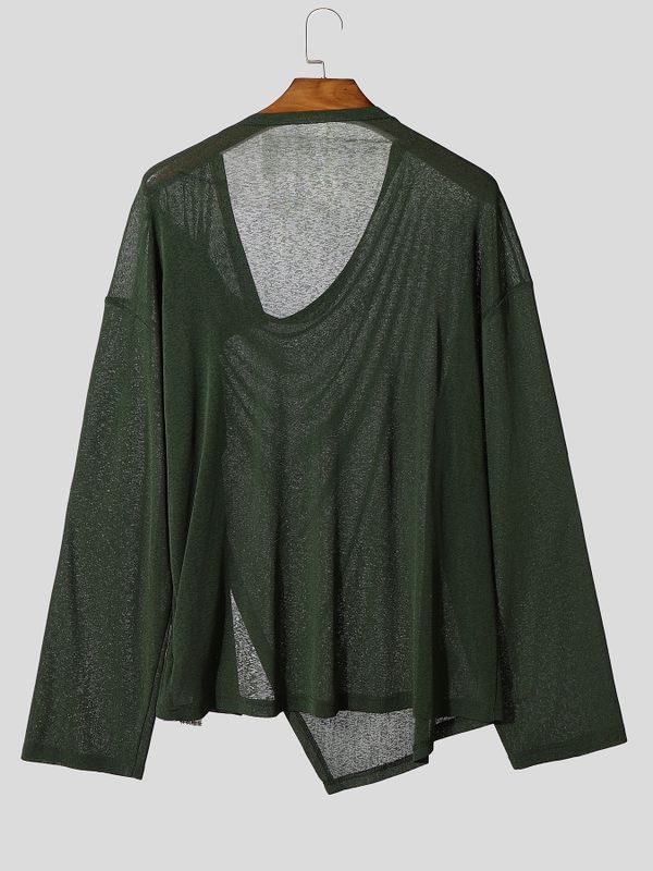 Men's Avant-Garde Asymmetrical Draped Cowl Neck Semi-Sheer T-shirt SKUL77324