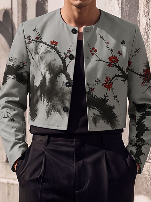Men's Avant-Garde Gallery Plum Blossom Ink Print Collarless Structured Shoulder Long Sleeve Cropped Blazer SKUL79642