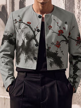 Men's Avant-Garde Gallery Plum Blossom Ink Print Collarless Structured Shoulder Long Sleeve Cropped Blazer SKUL79642