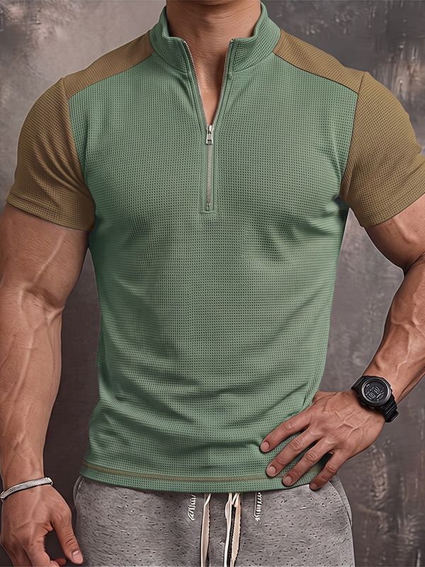 Men's Tactical Techwear Color-Block Half-Zip Stand Collar Waffle Knit Short Sleeve T-shirt SKUL73227