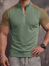 Men's Tactical Techwear Color-Block Half-Zip Stand Collar Waffle Knit Short Sleeve T-shirt SKUL73227