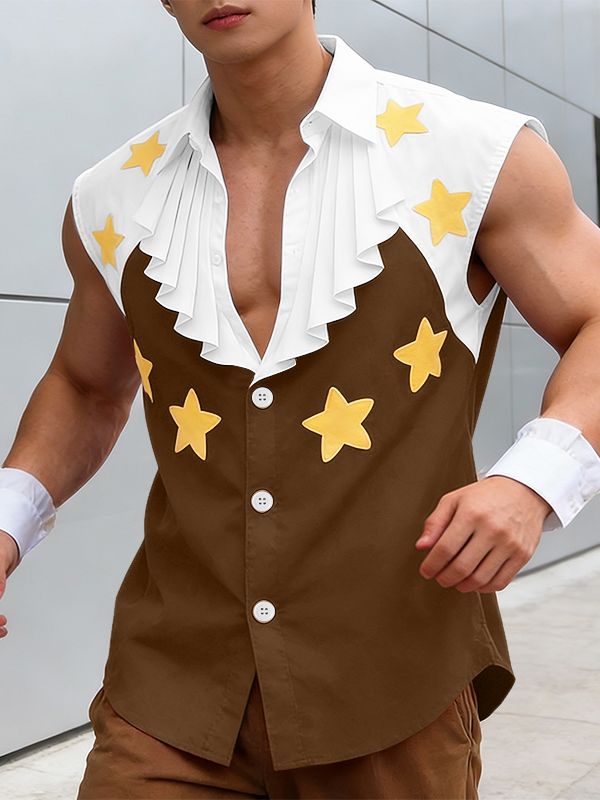 Men's Star Print Ruffled Jabot Sleeveless Shirt SKUL55309