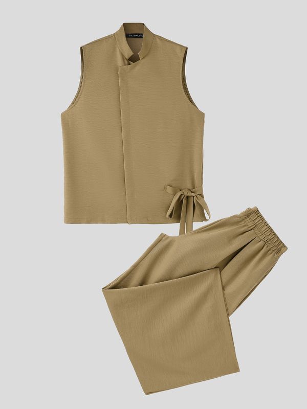 Men's Neo-Chinese Zen Asymmetrical Wrap Two Pieces Outfit SKUL79239