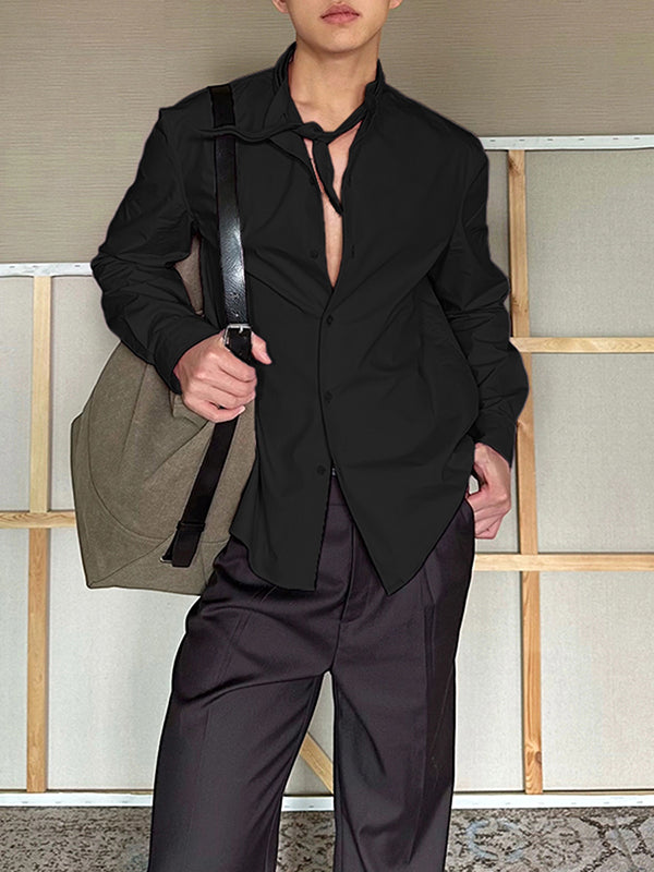 Men's Solid Bow Tie Casual Long Sleeve Shirt SKUL30777