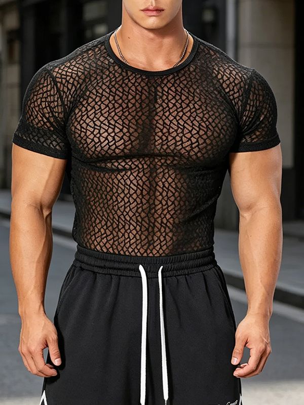 Men's Avant-Garde Geometric Open-Weave Mesh Muscle Fit Short Sleeve T-shirt SKUL72626