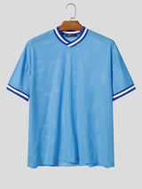 Men's Retro Athletic Mesh Breathable Contrast Striped Trim V-Neck T-shirt SKUL73695