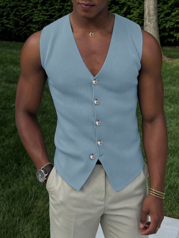 Men's Smart-Casual V-Neck Ribbed Knit Button-Down Waistcoat SKUL76360