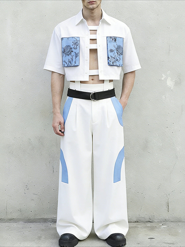 Men's Floral Print Contrast Color Patchwork Two Pieces Outfit SKUL61173