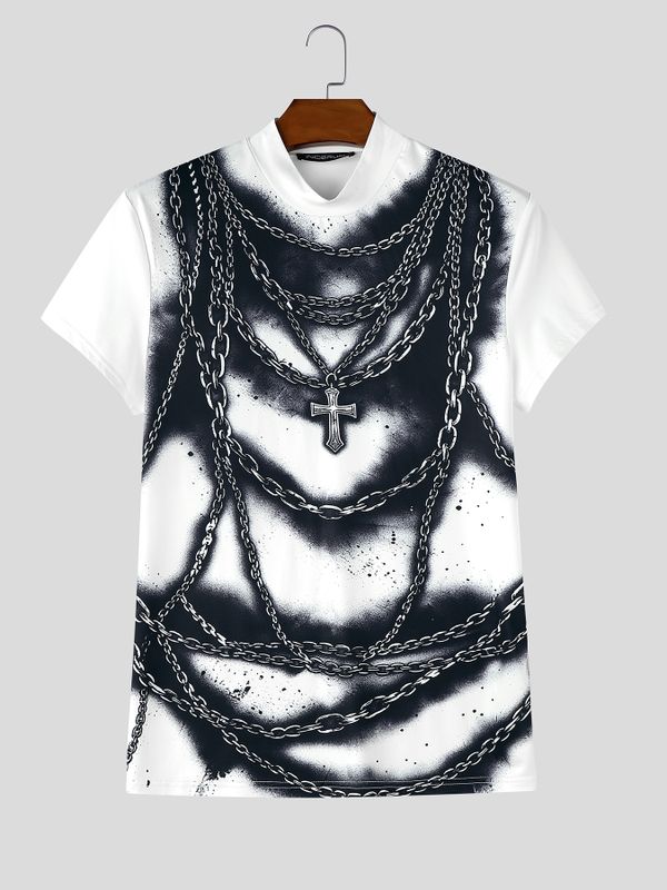 Men's Gothic Rock 3D Trompe L'oeil Chains and Cross Print Fitted Mock Neck T-shirt SKUL64277