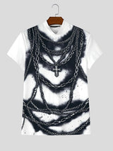 Men's Gothic Rock 3D Trompe L'oeil Chains and Cross Print Fitted Mock Neck T-shirt SKUL64277