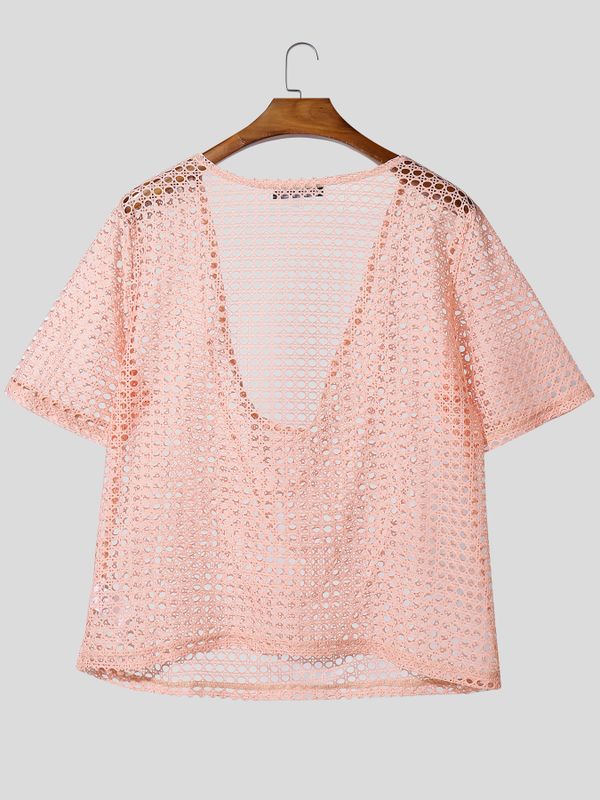 Men's Hollow Mesh Pocket Collar Short Sleeve T-shirt SKUL54095