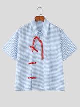 Men's Trendy New Chinese Style Gingham Plaid Contrast Frog Button Cropped Shirt SKUL60807
