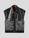 Mens PU Leather Striped Chiffon Patchwork Waistcoat SKUK25670