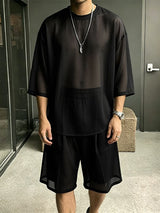 Men's Avant-Garde Sheer Aesthetic Casual Sheer Mesh Oversized Two Pieces Outfit SKUL68365