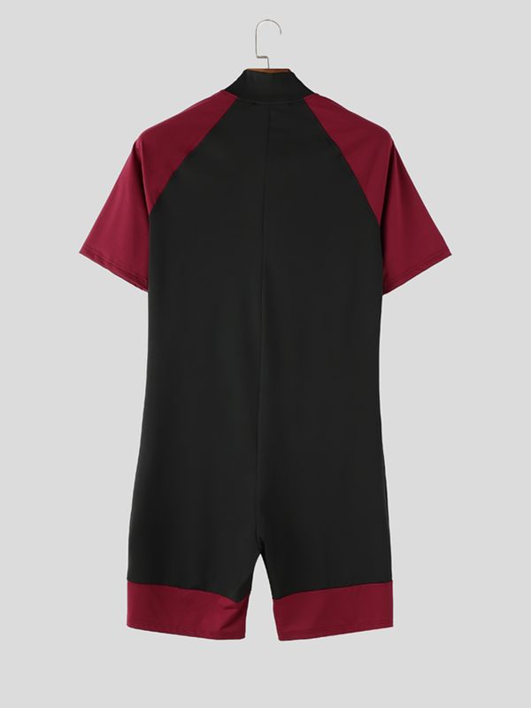 Men's Technical Athletic Aesthetic Color Block Zip Front Slim Fit Bodysuit SKUL63181