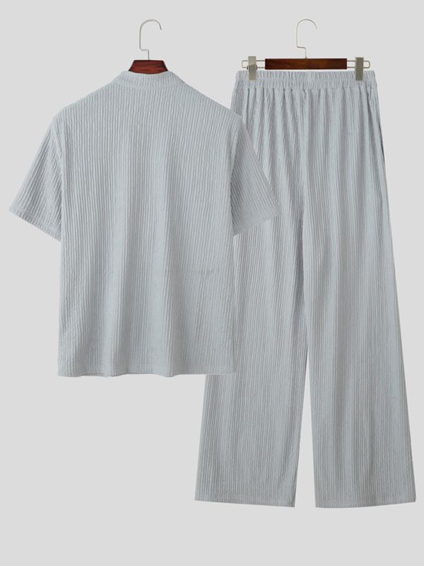 Men's Vintage High Street Mock Neck Pleated Two Pieces Outfit SKUL72653