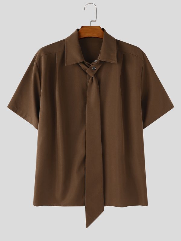 Men's Elegant Smart Casual Solid Color Attached Tie Short Sleeve Shirt SKUL77333