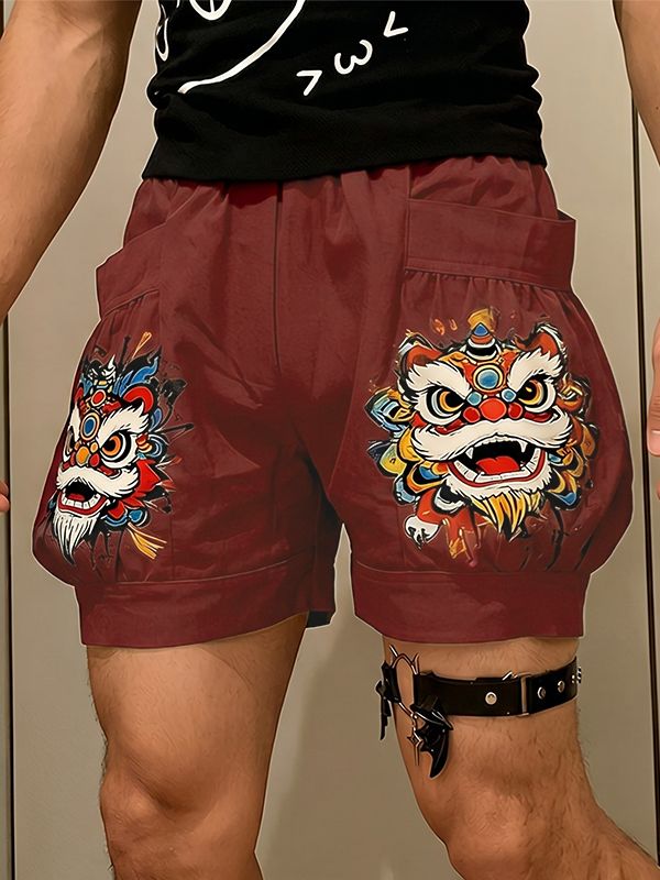 Men's Vintage Modern Chinese Lion Dance Graphic 3D Pocket Loose Cargo Short SKUL63709