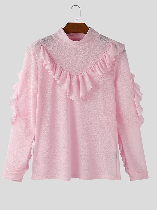 Men's Solid Color Ruffle Bib Long Sleeve T-shirt SKUL46244