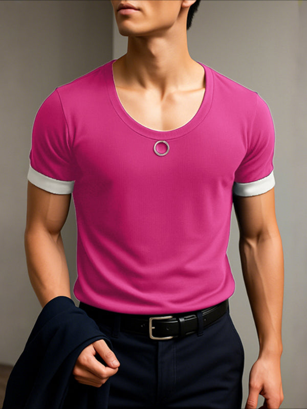 Men's Metal Ring Decor Crew Neck Short Sleeve T-Shirt SKUL25107