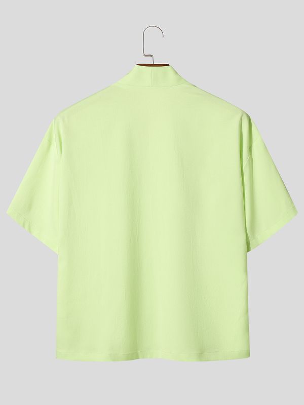 Men's Japanese Vintage Placid V-Neck Textured Cotton-Linen Boxy Cropped Short Sleeve Shirt SKUL69067