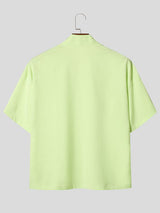 Men's Japanese Vintage Placid V-Neck Textured Cotton-Linen Boxy Cropped Short Sleeve Shirt SKUL69067