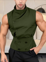 Men's Solid Button Stand Collar Sleeveless Shirt SKUL40117