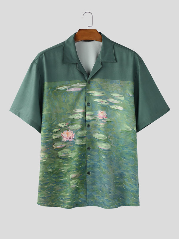 Mens Lotus Flower Print Short Sleeve Shirt SKUL17014