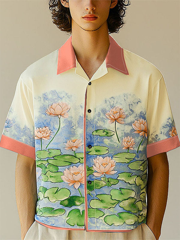 Mens Lotus Print Color Block Short Sleeve Shirt SKUL16585