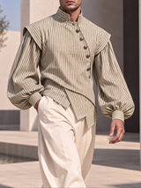 [Pre-order] Men's Vintage Dandy Stage Runway Metallic Button Lantern Sleeve Striped Shirt SKUL89153