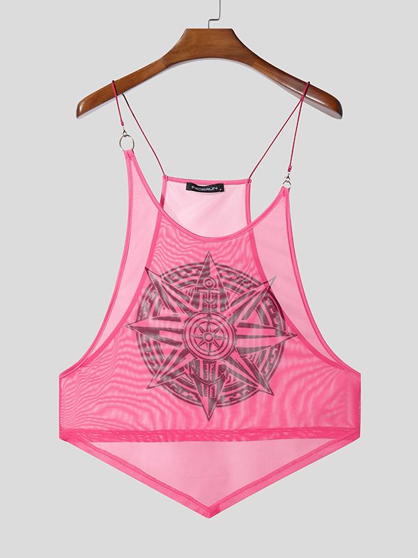 Men's Metal Ring Buckle Semi-Sheer Strap Tank SKUL36508