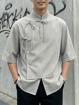 Men's Avant-Garde Neo-Chinese Pinstripe Ribbon Asymmetrical Shirt SKUL63952