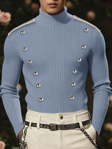 Men's Metal Buckle Decor High Neck Knitted Long Sleeve Sweater SKUL39035