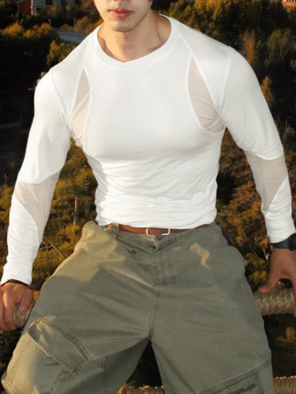 Men's Sheer Mesh Patchwork Long Sleeve T-shirt SKUL46211