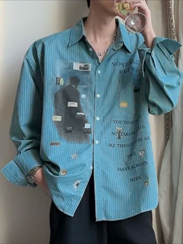 Men's Slogan Print Stripe Long Sleeve Shirt SKUL36405