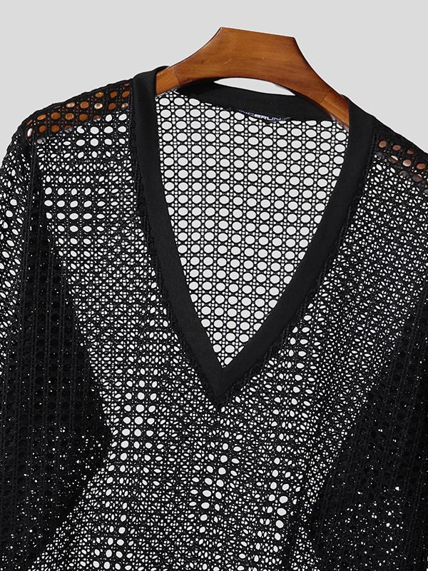 Men's Sheer Mesh Deep V Neck Long Sleeve T-shirt SKUL46266