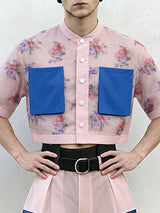 Men's Avant-Garde Floral Sheer Mesh Cropped Mandarin Collar Shirt SKUL60249
