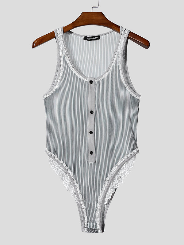 Mens Lace Patchwork Sheer Striped Bodysuit SKUL11594