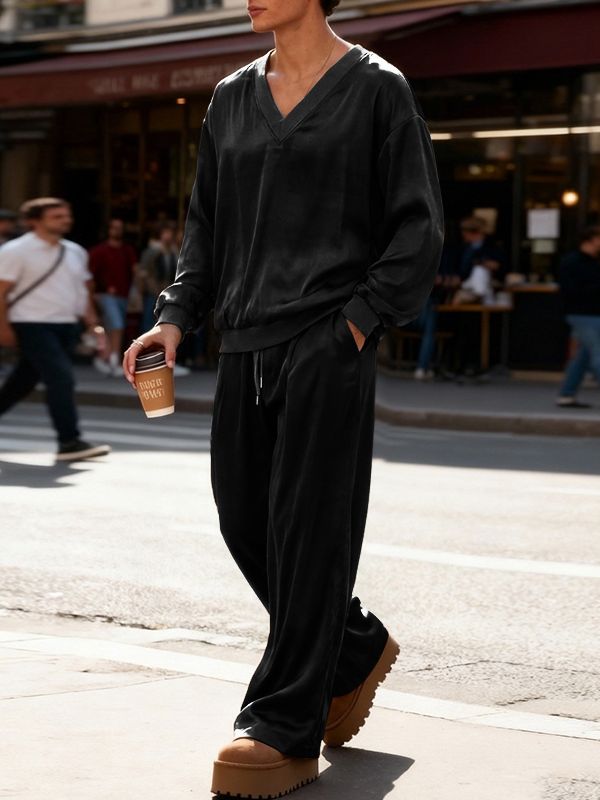 Men's Solid Color Casual V Neck Two Piece Outfit SKUL50056