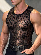 Men's Sexy Clubwear Sheer Animal Jacquard Bound Trim Muscle Fit Sleeveless Round Neck Tank SKUL81886