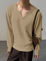 Men's Solid Color Minimalist U-Neck Long Sleeve T-Shirt SKUL43882