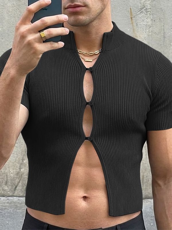 Men's Ribbed Slim Fit Mock Neck Cut Out Button Up Cropped T-shirt SKUL56542