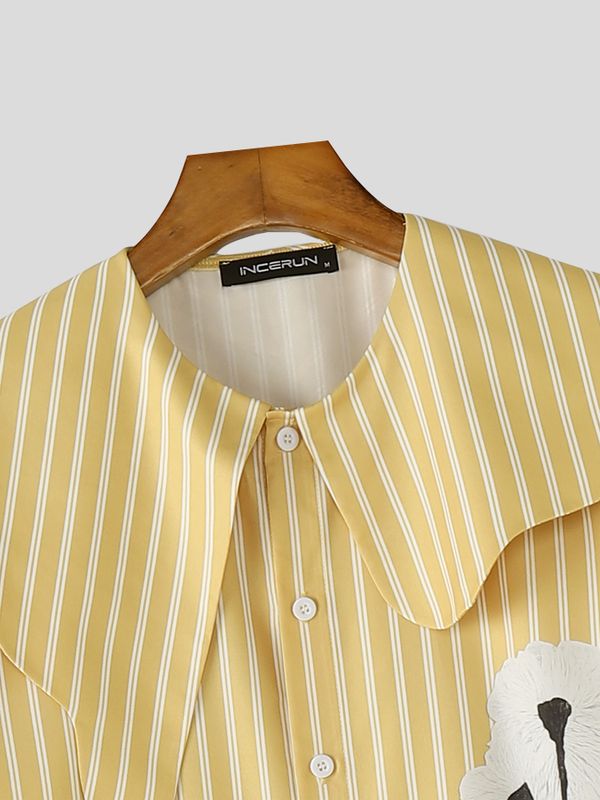 Men's Floral Print Striped Asymmetric Collar Long Sleeve Shirt SKUL50834