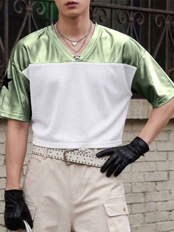 Men's American High-Street Star Graphic Mesh Patchwork Short Sleeve T-shirt SKUL70180