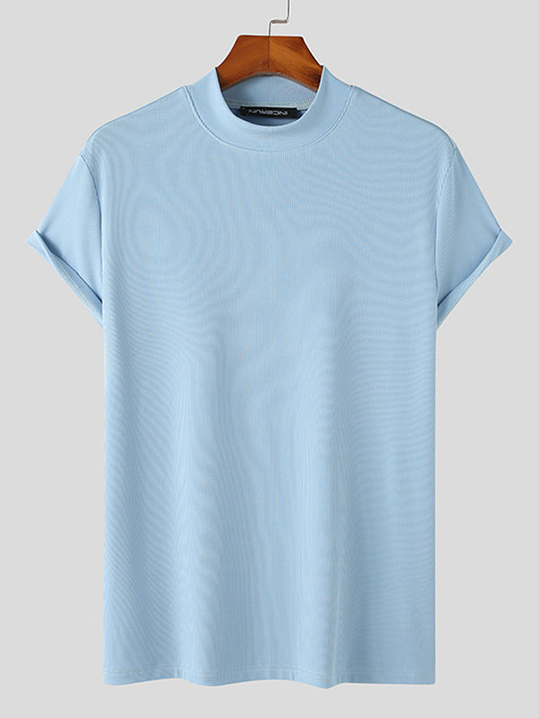Mens Rib Knit Half-Collar Solid T-Shirt SKUK14269