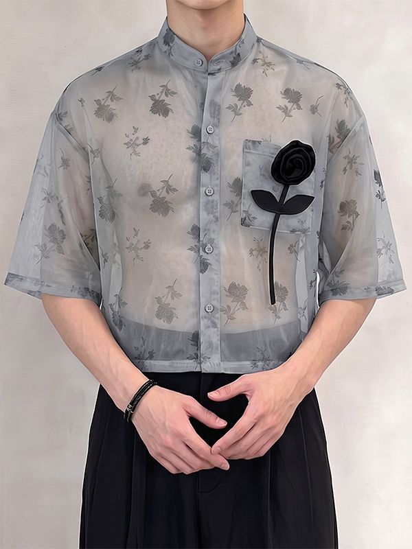 Men's Avant-Garde Sheer Floral Organza 3D Rose Appliqué Stand Collar Boxy Cropped Shirt SKUL75793