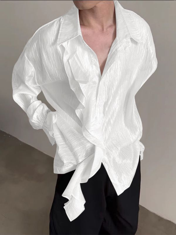 Men's Pleated Textured Ruffle Long Sleeve Shirt SKUL37174