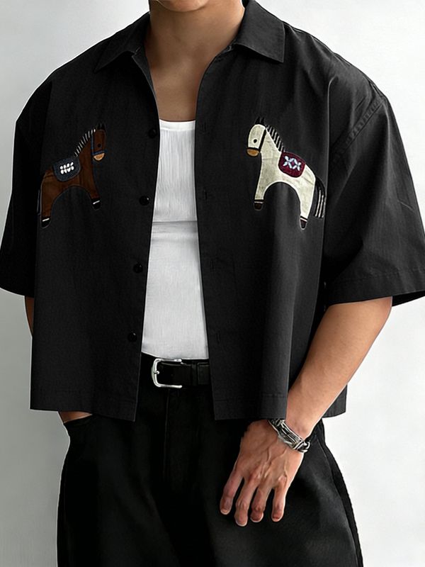 Men's Avant-Garde Horse Print Cropped Boxy Short Sleeve Shirt SKUL54391