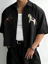 Men's Avant-Garde Horse Print Cropped Boxy Short Sleeve Shirt SKUL54391